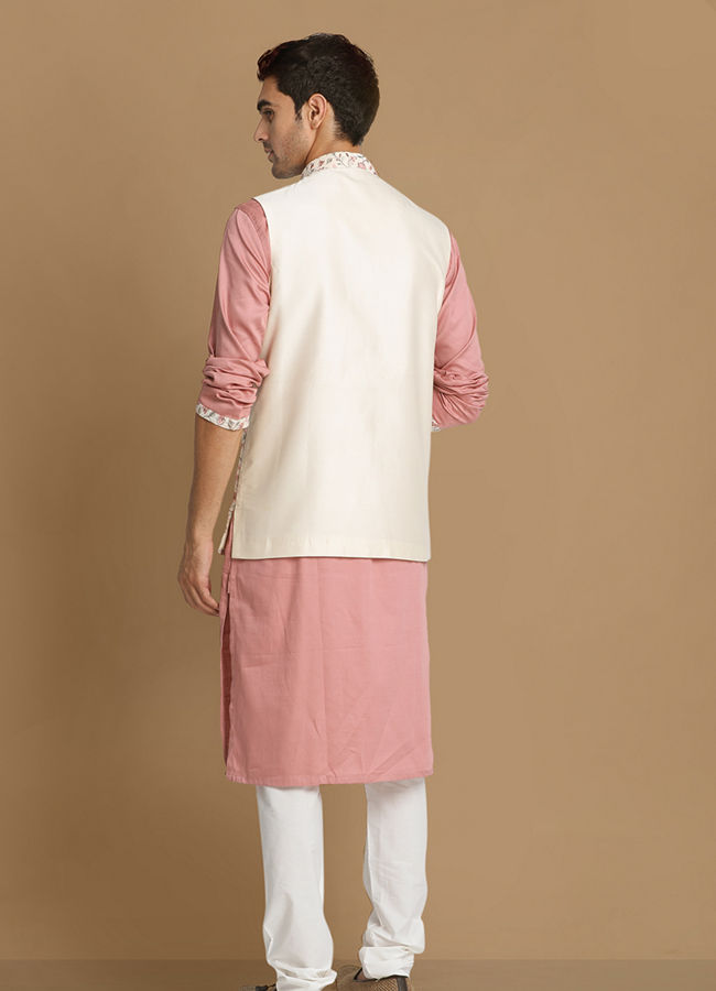 alt message - Manyavar Men Cream And Pink Kurta Jacket Set image number 2